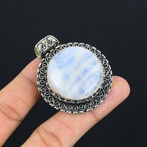 Handmade Rainbow Moonstone Pendant: 925 Sterling Silver Designer Jewelry