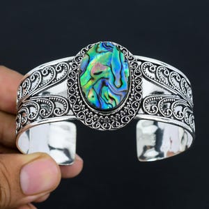 Natuurlijke abalone schelp edelsteen handgemaakte 925 sterling zilveren armband, abalone schelp armband, abalone schelp edelsteen armband, cadeau voor haar