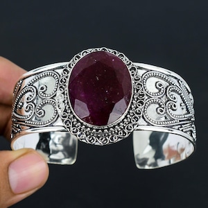 Beautiful Red Ruby Gemstone Handmade 925 Sterling Silver Bracelet, Kashmir Red Ruby Bangle, Designer Silver Bangle, Gift For Anniversary
