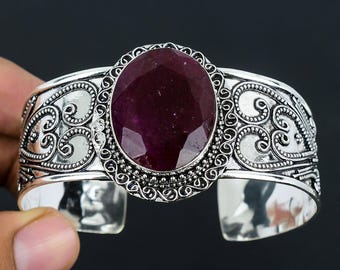 Beautiful Red Ruby Gemstone Handmade 925 Sterling Silver Bracelet, Kashmir Red Ruby Bangle, Designer Silver Bangle, Gift For Anniversary