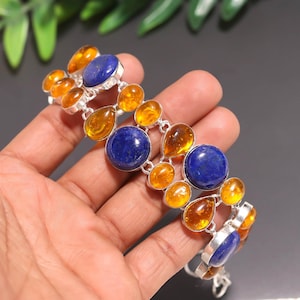 Armband i baltisk bärnsten och naturlig lapis lazuli - Armband i 925 sterlingsilver - Födelsedagspresent - Ädelstensmycken