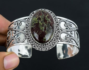 Handmade Dragon Bloodstone 925 Sterling Silver Bangle: Adjustable