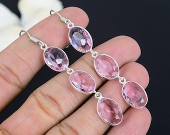 Handmade Pink Kunzite 925 Sterling Silver Dangle Earrings