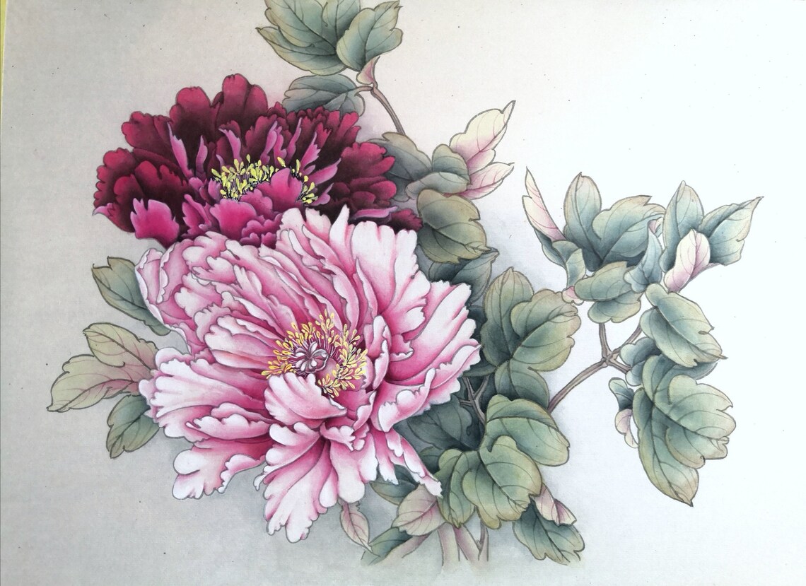 Watercolor peonies painting. Original Chinese Ink. Gongbi | Etsy