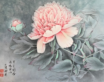 Peonies Gongbi painting. Original Chinese Ink.  Watercolor flowers. Floral wall art.