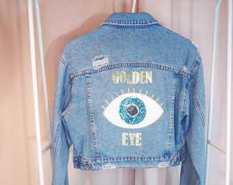 Veste en jeans customisée Oeil doré