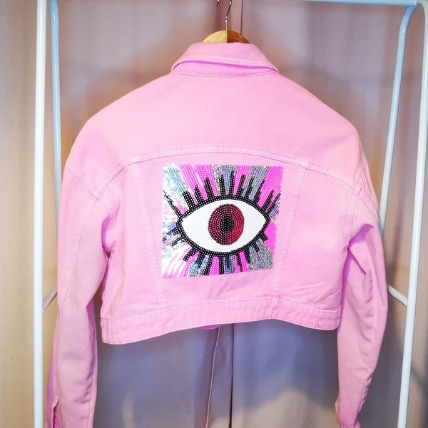 Veste jeans rose Pink customisée