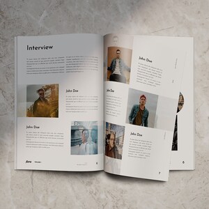 May include: An open magazine with the word "Interview" on the cover. The magazine features photos of people and text about John Doe.