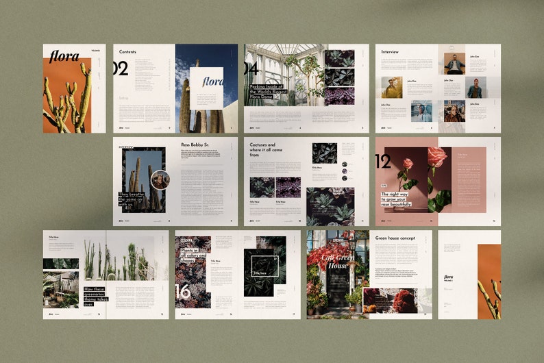 May include: A magazine spread featuring a variety of plants and flowers, including cacti, succulents, and roses. The magazine is titled "flora" and features articles on gardening, plant care, and green house design.