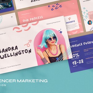 Puede incluir: Una diapositiva de presentación rosa y azul con el título "Influencer Marketing Presentation". La diapositiva presenta a una mujer con cabello azul y gafas de sol, un fondo rosa con estrellas blancas y el texto "Sandra Wellington, Influencer / Especialista en redes sociales".