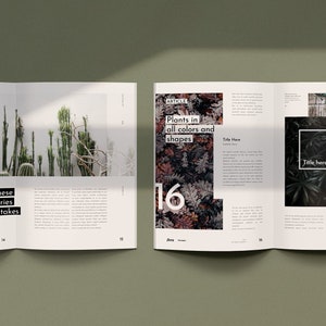 May include: An open magazine with a green and white color scheme. The magazine features articles about plants and greenery. The text on the page reads "Plants in all colors and shapes" and "How these greeneries theme takes over."