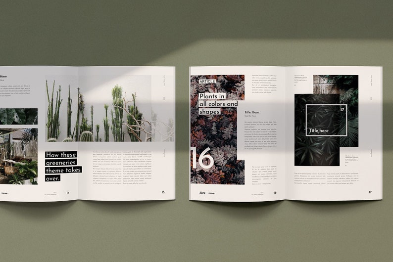 May include: An open magazine with a green and white color scheme. The magazine features articles about plants and greenery. The text on the page reads "Plants in all colors and shapes" and "How these greeneries theme takes over."