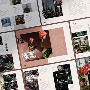 May include: A magazine spread featuring images of plants and greenery. The magazine pages feature text about growing roses, plants in all colors and shapes, and a green house. The text on one page reads "The right way to grow your rose beautifully".