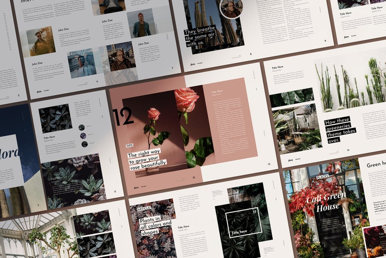May include: A magazine spread featuring images of plants and greenery. The magazine pages feature text about growing roses, plants in all colors and shapes, and a green house. The text on one page reads "The right way to grow your rose beautifully".
