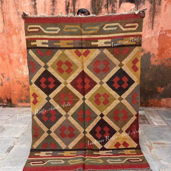 Julklapp Indisk Traditionell Geometrisk Kelimmatta, Ulljute Vintage Blommig Matta, Mysig Boho Tribal Dekormatta, 4x6 Fot Matta