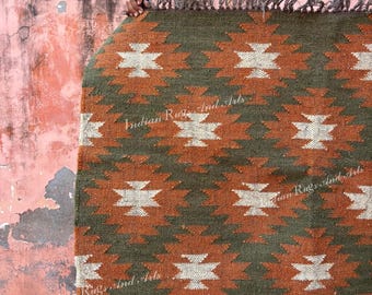 Green Orange White Wool Jute Rug | Modern Boho Handwoven Area Rug | Large Sizes 9x12, 8x10, 10x12 Kilim Carpet Green Indian Wool Jute Rug