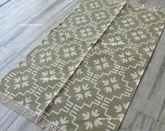 Green Floral Rug, Dhurrie Rug, Light Moss Green Rug, Bedroom Moss Green Rug, Livingroom 9x12 Area Rug, Flatweave Floral Green Rug,