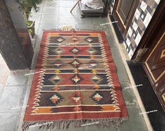Alfombra Kilim vintage tejida a mano, alfombra de área de yute de lana rojo óxido, alfombra tribal del suroeste, alfombra geométrica estilo granja boho, alfombra decorativa de tejido plano,