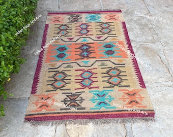 Handwoven Kilim Rug, Wool Flatweave Area Rug, Southwestern Tribal Rug, Beige Coral Turquoise Boho Rug, Geometric Handmade Carpet, Runner Rug