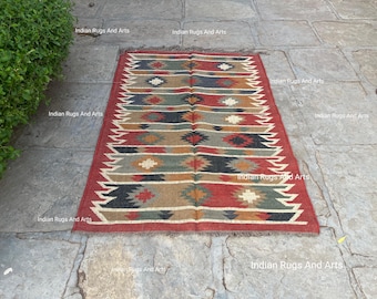 Alfombra Kilim tejida a mano, alfombra de lana de tejido plano, alfombra tribal del suroeste, alfombra Kilim geométrica roja, alfombra de lana bohemia hecha a mano, alfombra de tamaño personalizado,
