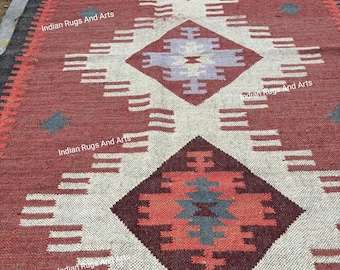 Alfombra Kilim tejida a mano, alfombra de lana y yute del suroeste, alfombra geométrica tribal rojo óxido, alfombra de tejido plano estilo granja bohemia, alfombra decorativa de tamaño personalizado.