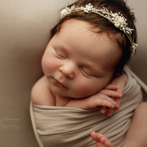Linda y delicada diadema de bebé gris cálido con pequeñas flores naturales y vegetación, corona de bebé, amarre de estrella, accesorio de sesión de fotos, halo de recién nacido imagen 5