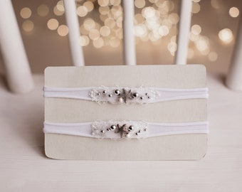 Beautiful white headband with silver pearls and stars, infant headband, photoshoot prop, winter headband, baby halo, christmas halo