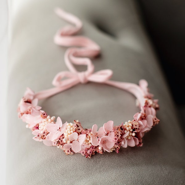 Stunning light pink flower crown with real hydrangea blossoms and natural greenery, baby wreath, photoshoot prop, baby halo,backtie headband