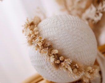 Delicate natural sandy headband with tiny real blossoms and greenery, newborn photo shoot prop, baby hairpiece, easter headband, spring halo
