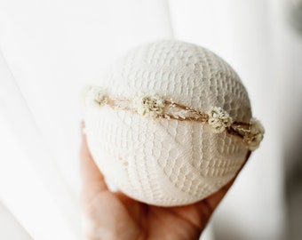Cute delicate white baby headband with small natural flowers and greenery , baby wreath, star tieback, photoshoot prop, newborn halo