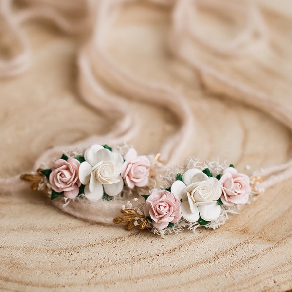 Bandeau nouveau-né ivoire/rose unique et très beau, halo de fleurs de bébé, couronne de fleurs de fille, photographie de nouveau-né, accessoire, séance photo, accessoire d'embrasse