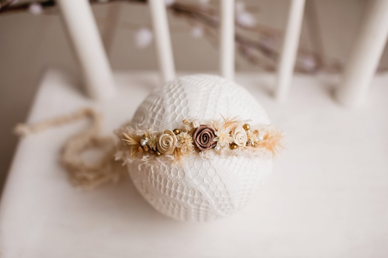 floral crown,flower halo,newborn photography,real flower halo photoshoot prop,baby halo,holiday headpiece Unique beige natural headband