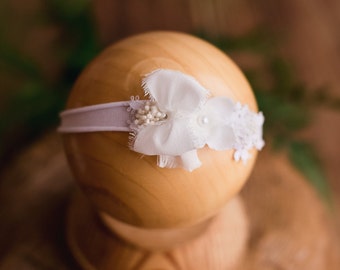 Romantic vintage white newborn headband, shabby flower crown, baby wreath, infant headband, photoshoot prop, baby halo, silk bow headband