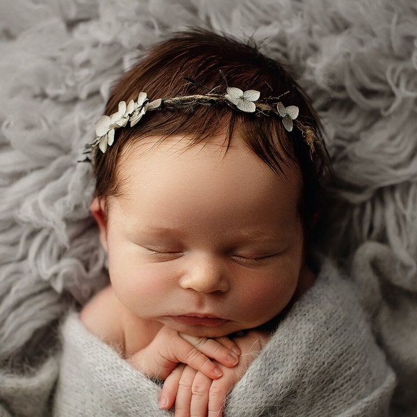 Bandeau bébé gris le plus délicat avec petites fleurs naturelles et verdure, couronne de bébé, embrasse en forme d'étoile, accessoire de séance photo, halo pour nouveau-né