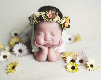 Beautiful flower wreath with brown and beige sunflowers and natural greenery, newborn headband, photoshoot prop, baby halo,holiday headpiece