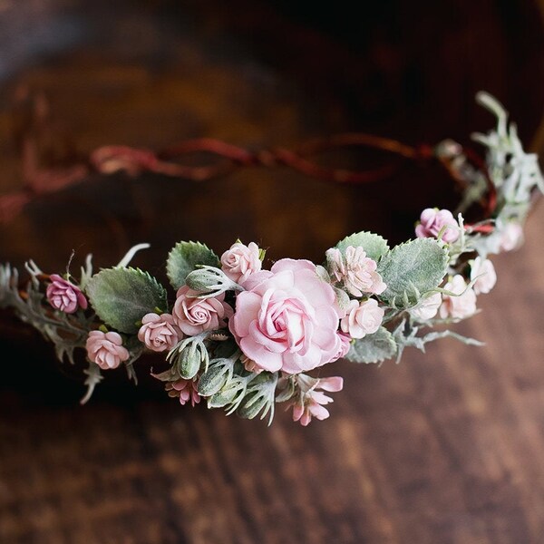 Very romantic boho pink half flower crown, wedding crown, floral headband dusty flower crown bridal wreath hair accessory photoshoot prop