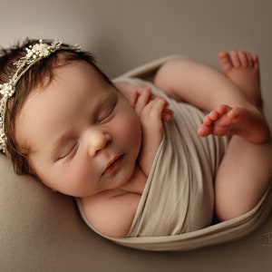 Linda y delicada diadema de bebé gris cálido con pequeñas flores naturales y vegetación, corona de bebé, amarre de estrella, accesorio de sesión de fotos, halo de recién nacido imagen 4
