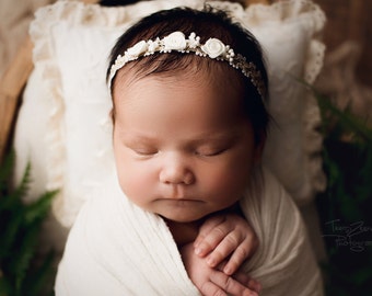 Beautiful ivory/golden headband, baby flower halo, newborn photography prop, photoshoot accessory, tieback prop, infant headband