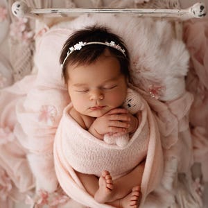 Very unique headband with tiny dusty pink/white flowers and pearls, baby wreath, photoshoot prop, newborn halo, baby fashion