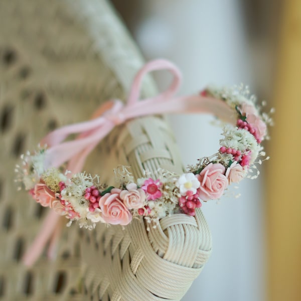Very romantic pink flower crown with natural greenery, baby wreath, photoshoot prop, baby halo, backtie headband