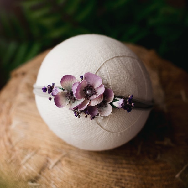 Romantic shabby violet baby girl headband, sitter headband, toddler floral crown, photoshoot prop, baby halo, baby grey hair accessory