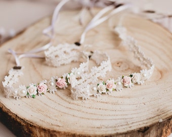 Very romantic and lovely ivory pink headband for a girl,baby wreath,infant headband,photoshoot prop,newborn halo,baby tieback, crown