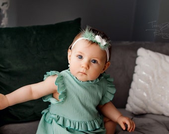 Wunderschöne und festliche weiße Stirnband mit leichten Mint Feder für ein schönes Mädchen, Baby-Kranz, Säugling Stirnband, Fotoshooting Prop, Baby Halo
