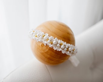 Very festive and beautiful headband with golden and white pearls, baby halo, girl headpiece