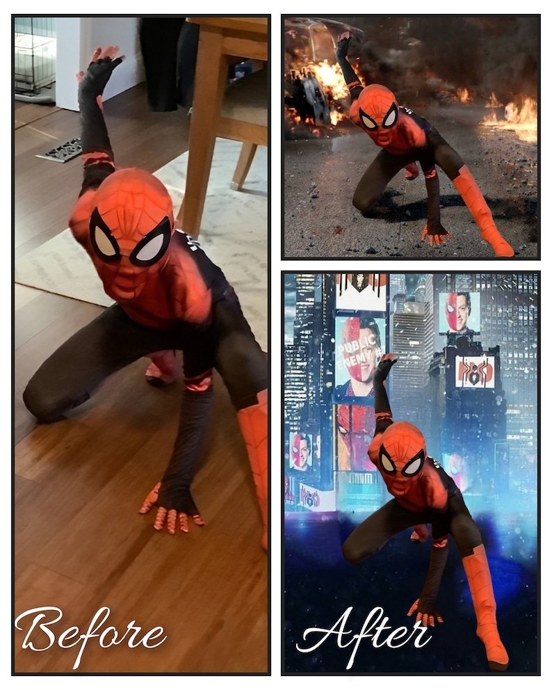 Op de afbeelding: Twee afbeeldingen van een persoon die verkleed is als Spider-Man in een rood-zwart kostuum. De eerste afbeelding toont de persoon in een kamer met een houten vloer. De tweede afbeelding toont de persoon in een digitaal gecre&euml;erde sc&egrave;ne met een stadsbeeld op de achtergrond. De tekst "Public Enemy" is zichtbaar op een billboard op de achtergrond.