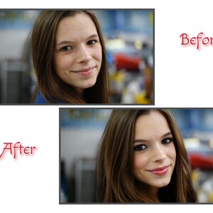 Op de afbeelding: Voor- en nafoto's van een persoon met en zonder make-up. De persoon op de voorfoto draagt geen make-up en de persoon op de nafoto draagt make-up.