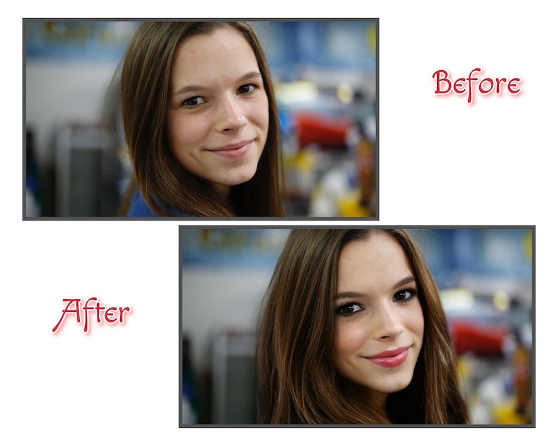 Op de afbeelding: Voor- en nafoto's van een persoon met en zonder make-up. De persoon op de voorfoto draagt geen make-up en de persoon op de nafoto draagt make-up.