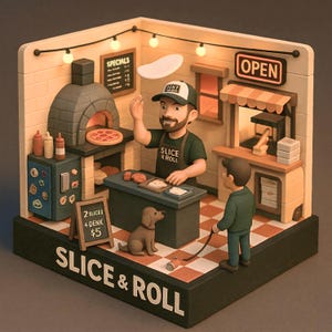 Puede incluir: Un modelo en miniatura de una pizzería con un horno de leña, un mostrador y un letrero que dice "Slice & Roll". La tienda está decorada con luces de cadena y un letrero que dice "Abierto". Hay una persona detrás del mostrador con un delantal negro y un sombrero que dice "Slice & Roll". Hay un perro pequeño sentado en el suelo frente al mostrador.