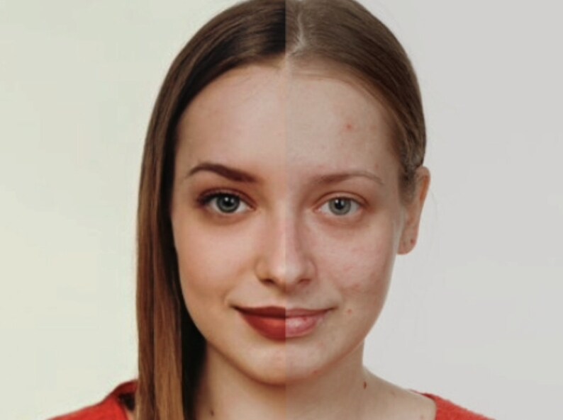 Op de afbeelding: Een close-up van het gezicht van een vrouw, gesplitst in twee&euml;n, waarbij de ene kant make-up heeft en de andere kant geen make-up. De vrouw heeft bruin haar en glimlacht.
