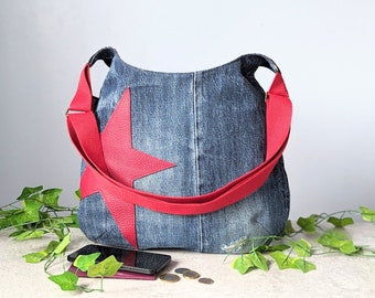 Denim Shoulder Hobo Bag. Cross body Shoulder or Crossover Bag with Red Star